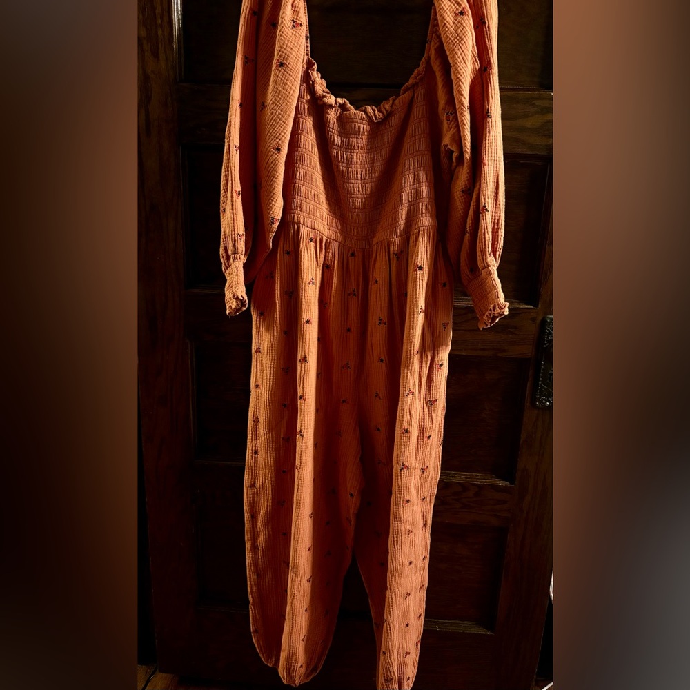Anthropologie Rust Orange Smocked Jumpsuit with Subtle Embroidery